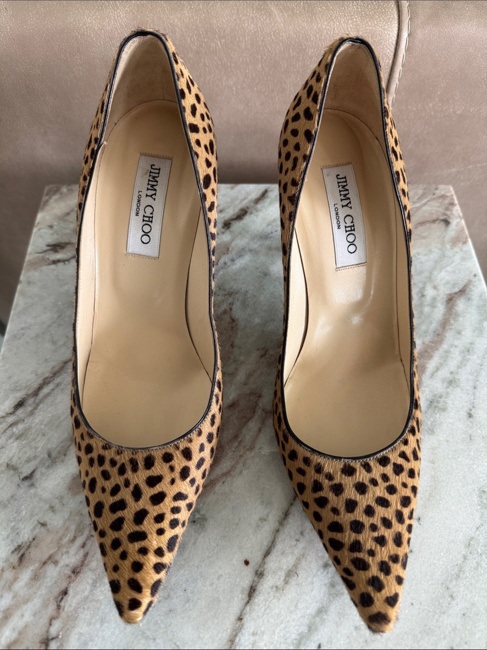 Jimmy Choo Leopard-Print Pointed Toe Pumps in Tan and Black
